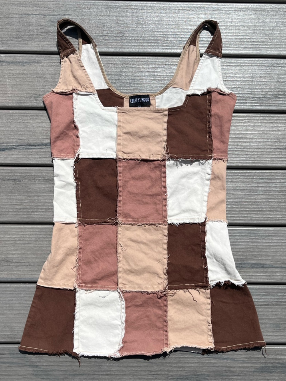 Current Mood; Brown/White/Cream Patchwork; Mini Dress; Square Neck; Side Zip; XL
